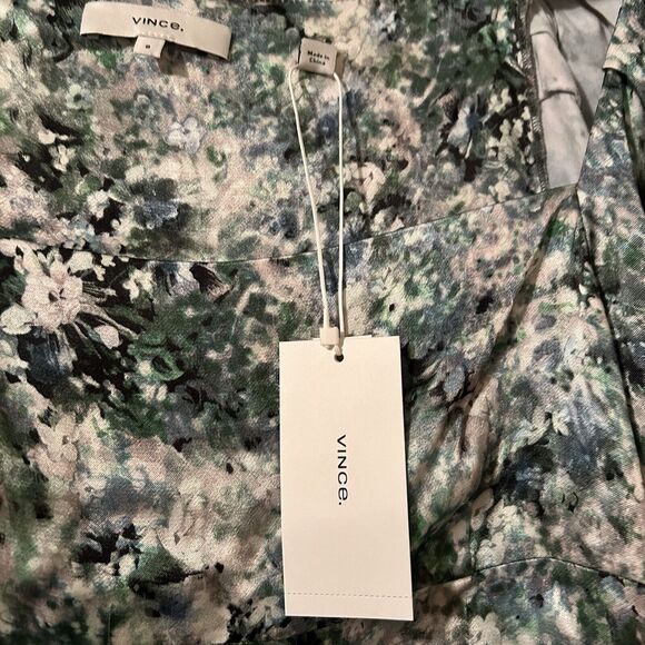 Vince Satin Blouse Painted Green White Floral Square Neck Cropped Women's 8 NWT - Picture 7 of 13